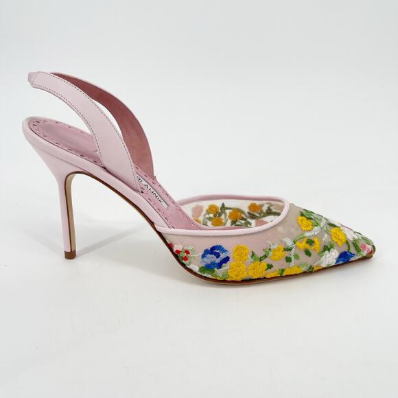 Manolo Blahnik Jardoline Pink Floral Embroidered Mesh Slingback Heels IT 36 - Picture 4 of 14